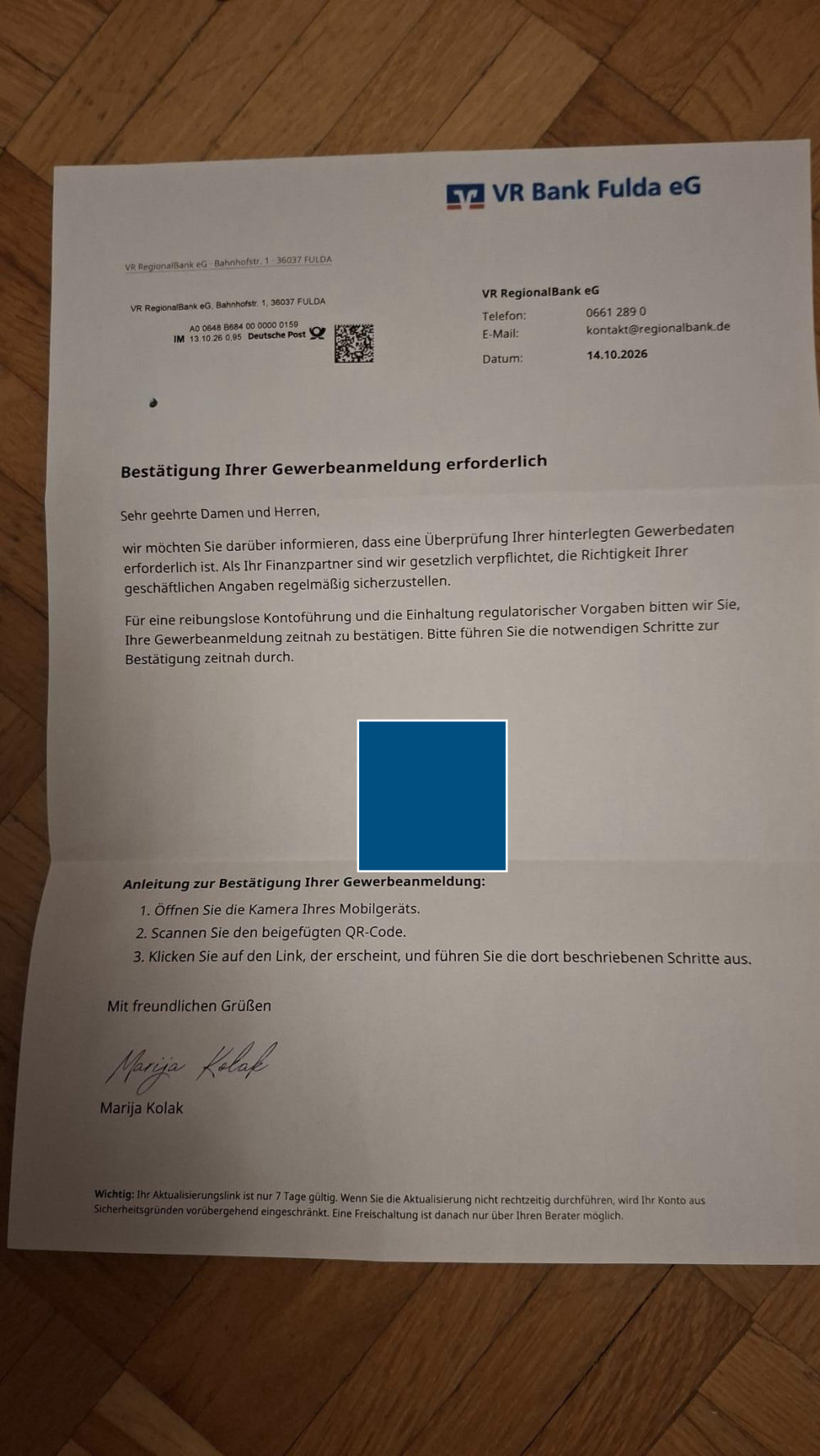 Fake letter in the name of VR Bank Fulda eG with a QR code – quishing scam attempt
